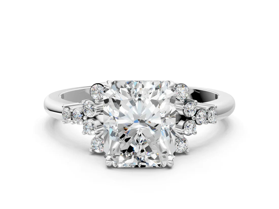 Radiant Cut Lab Diamond Ring with Side Stones and Four-Prong Setting| D VS1