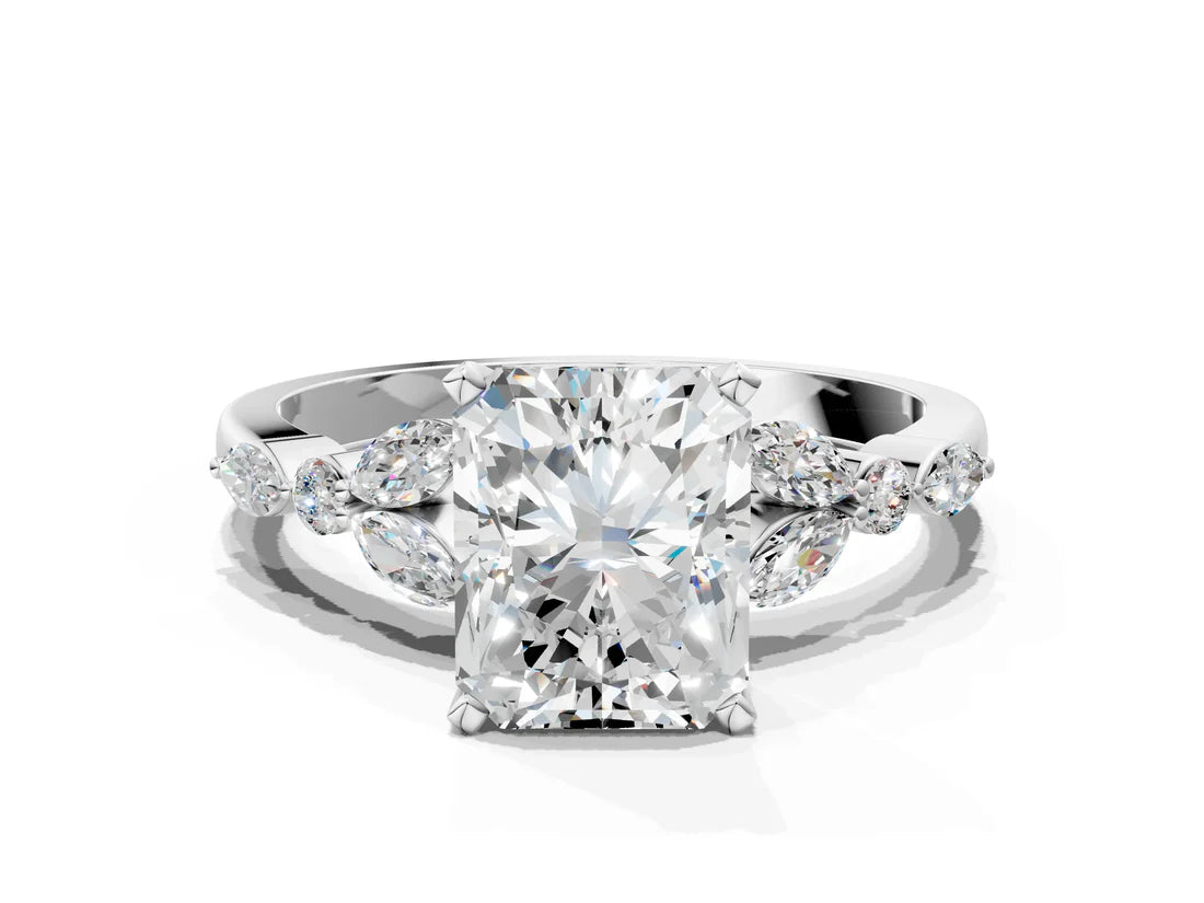 Radiant Cut Lab Diamond Solitaire Ring with Side Stones and Four-Prong Setting| D VS1