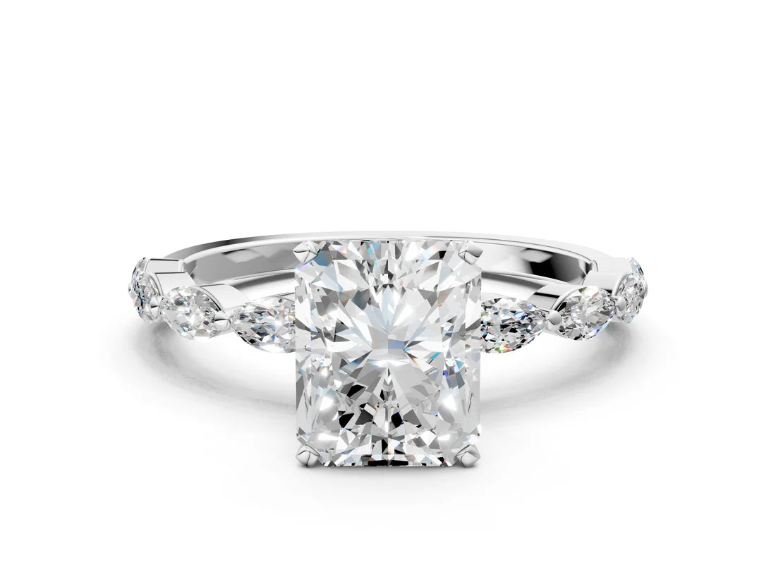 Radiant Cut Lab Diamond Ring with Marquise Side Stones and Prong Setting| D VS1