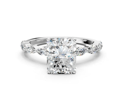 Radiant Cut Lab Diamond Ring with Marquise Side Stones and Prong Setting| D VS1