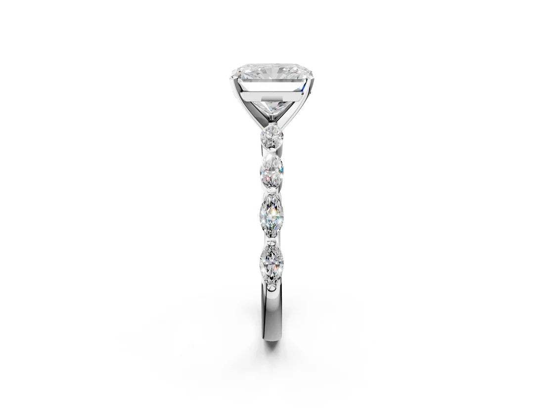 Radiant Cut Lab Diamond Ring with Marquise Side Stones and Prong Setting| D VS1