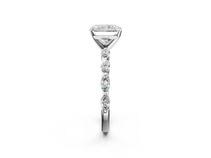 Radiant Cut Lab Diamond Ring with Marquise Side Stones and Prong Setting| D VS1