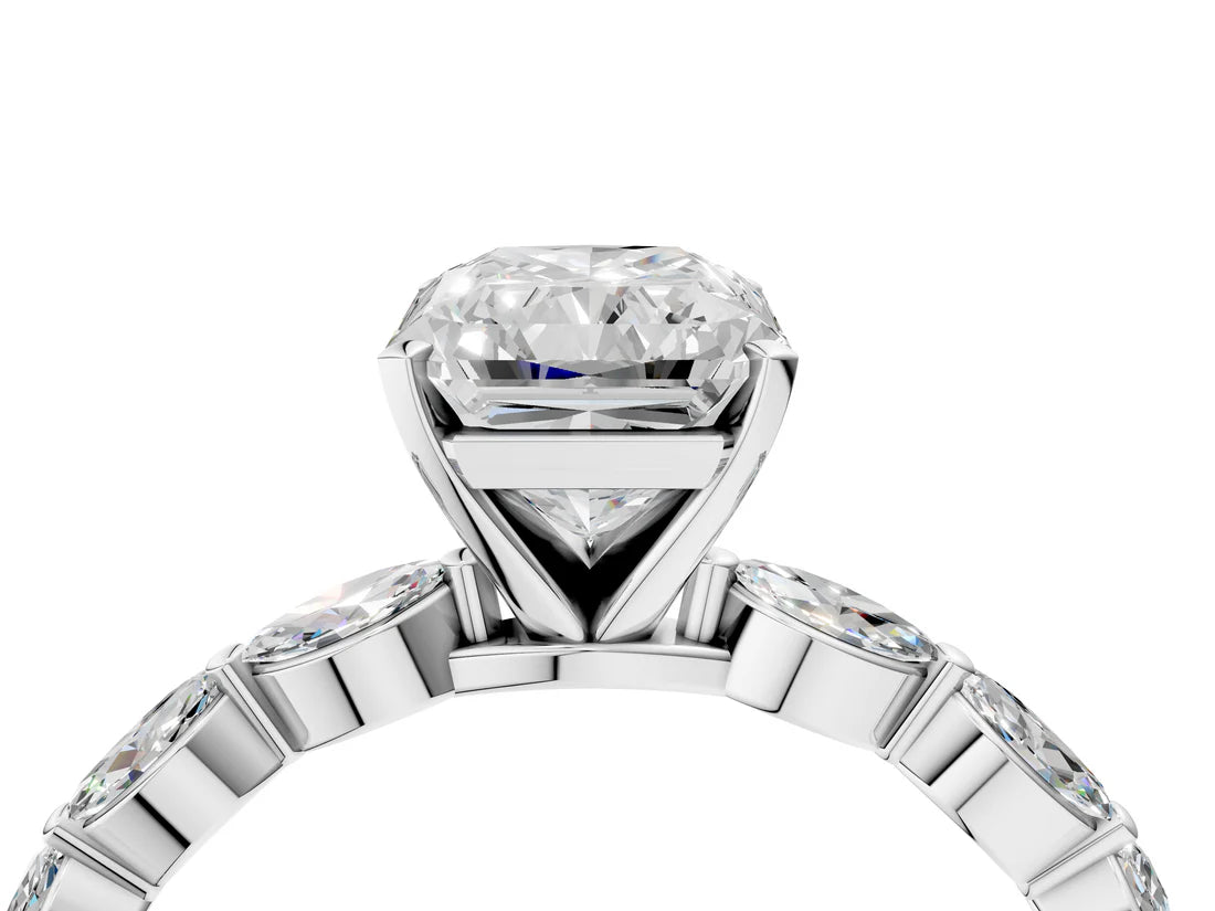 Radiant Cut Lab Diamond Ring with Marquise Side Stones and Prong Setting| D VS1