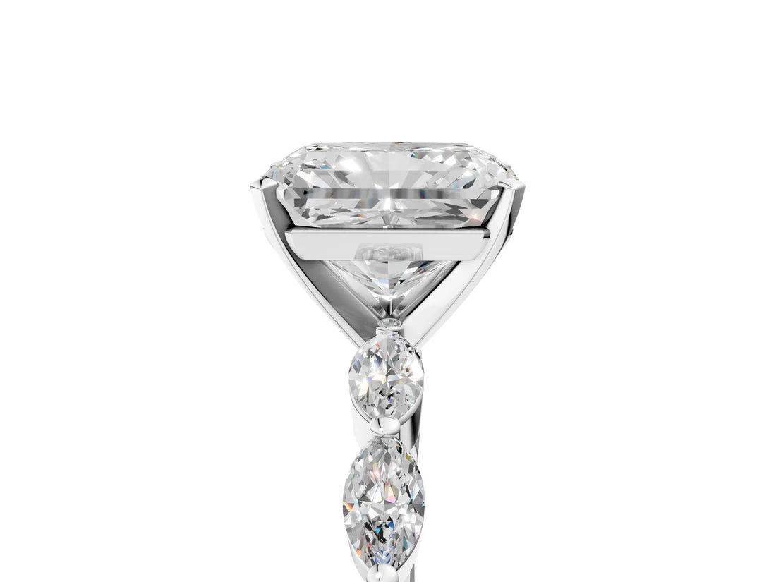 Radiant Cut Lab Diamond Ring with Marquise Side Stones and Prong Setting| D VS1