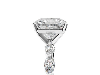 Radiant Cut Lab Diamond Ring with Marquise Side Stones and Prong Setting| D VS1