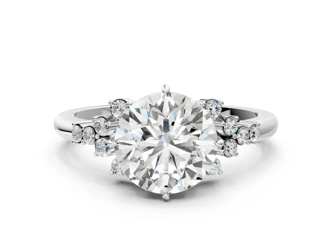 Round Cut Lab Diamond Ring with Side Stones and Four-Prong Setting| D VS1