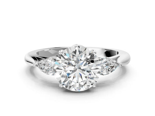 Three-Stone Round Cut Lab Diamond Solitaire Ring with Tapered Band and Four-Prong Setting| D VS1