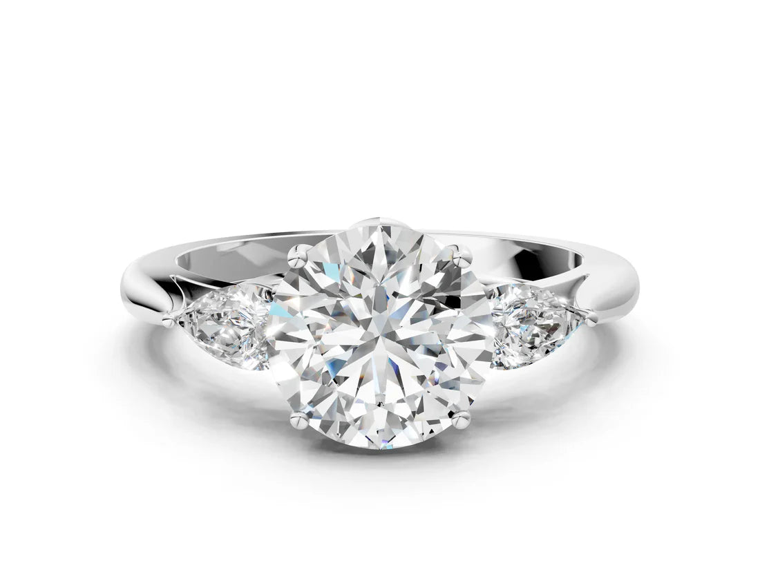 Three-Stone Round Cut Lab Diamond Solitaire Ring with Tapered Band and Four-Prong Setting| D VS1