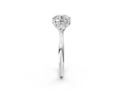 Three-Stone Round Cut Lab Diamond Solitaire Ring with Tapered Band and Four-Prong Setting| D VS1