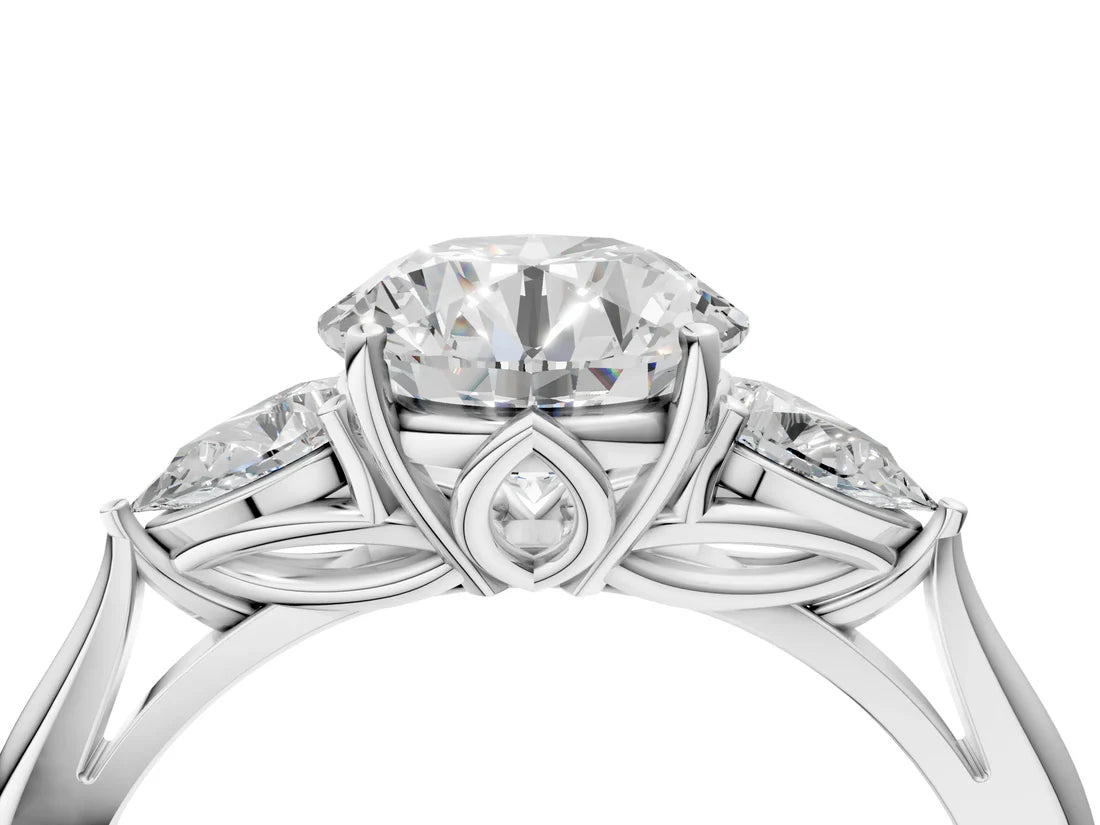 Three-Stone Round Cut Lab Diamond Solitaire Ring with Tapered Band and Four-Prong Setting| D VS1
