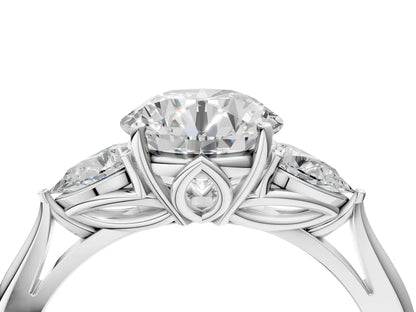 Three-Stone Round Cut Lab Diamond Solitaire Ring with Tapered Band and Four-Prong Setting| D VS1