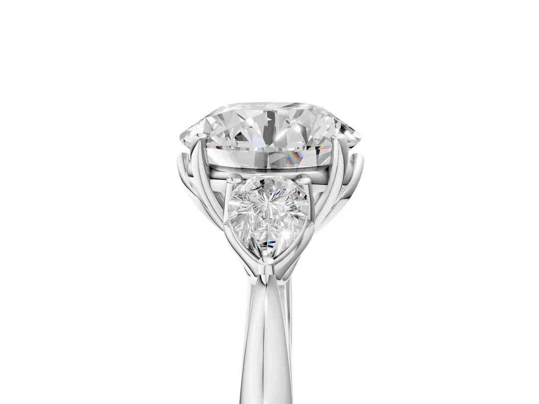 Three-Stone Round Cut Lab Diamond Solitaire Ring with Tapered Band and Four-Prong Setting| D VS1