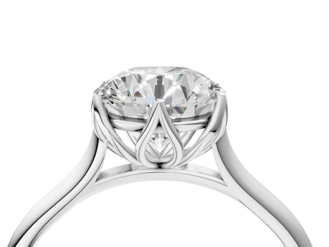 Round Cut Lab Diamond Solitaire Ring with Flower Prong Setting and Classic Band| D VS1