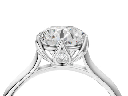 Round Cut Lab Diamond Solitaire Ring with Flower Prong Setting and Classic Band| D VS1