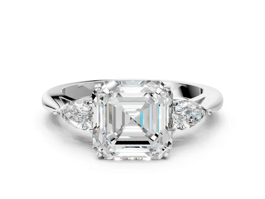 Three-Stone Asscher Cut Lab Diamond Solitaire Ring with Tapered Band and Four-Prong Setting| D VS1