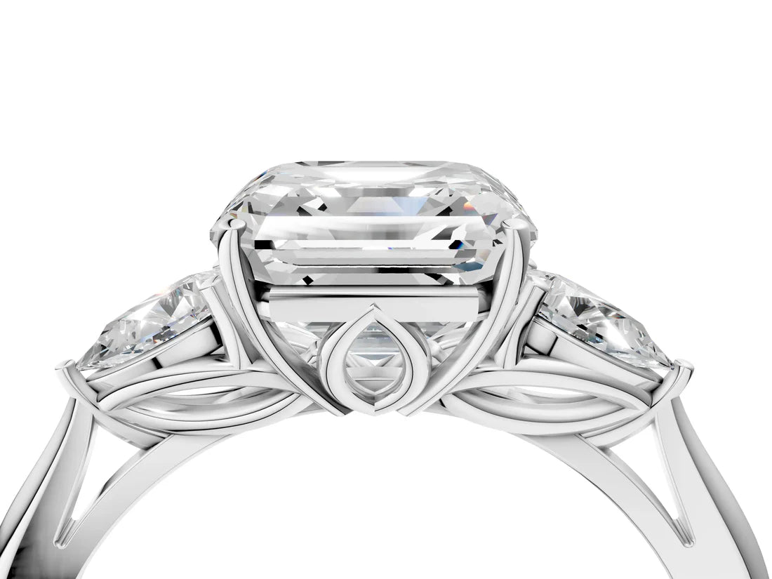 Three-Stone Asscher Cut Lab Diamond Solitaire Ring with Tapered Band and Four-Prong Setting| D VS1