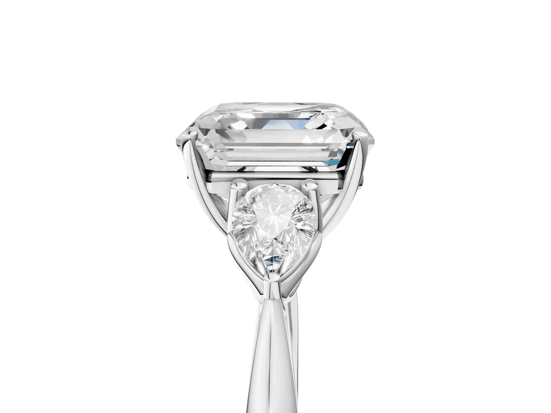 Three-Stone Asscher Cut Lab Diamond Solitaire Ring with Tapered Band and Four-Prong Setting| D VS1