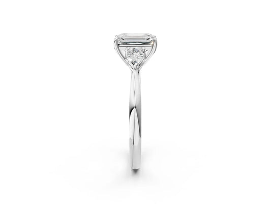 Three-Stone Emerald Cut Lab Diamond Solitaire Ring with Tapered Band and Four-Prong Setting| D VS1