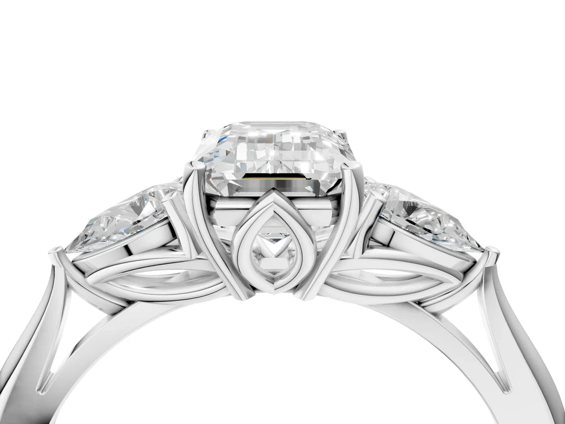 Three-Stone Emerald Cut Lab Diamond Solitaire Ring with Tapered Band and Four-Prong Setting| D VS1
