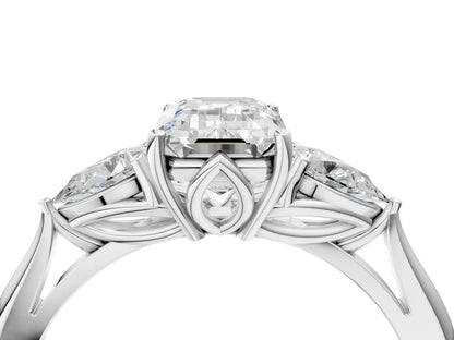 Three-Stone Emerald Cut Lab Diamond Solitaire Ring with Tapered Band and Four-Prong Setting| D VS1
