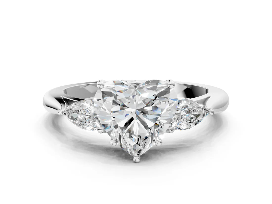 Three-Stone Heart Cut Lab Diamond Solitaire Ring with Tapered Band and Four-Prong Setting| D VS1