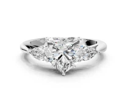 Three-Stone Heart Cut Lab Diamond Solitaire Ring with Tapered Band and Four-Prong Setting| D VS1