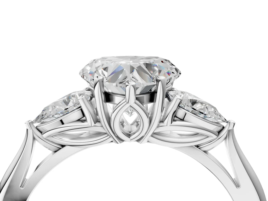 Three-Stone Heart Cut Lab Diamond Solitaire Ring with Tapered Band and Four-Prong Setting| D VS1