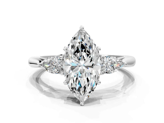 Three-Stone Marquise Cut Lab Diamond Solitaire Ring with Tapered Band and Four-Prong Setting| D VS1