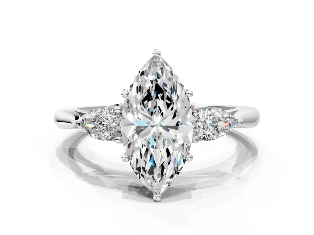 Three-Stone Marquise Cut Lab Diamond Solitaire Ring with Tapered Band and Four-Prong Setting| D VS1