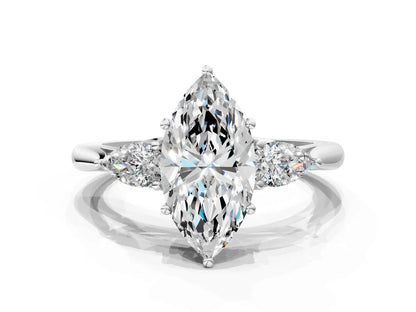 Three-Stone Marquise Cut Lab Diamond Solitaire Ring with Tapered Band and Four-Prong Setting| D VS1