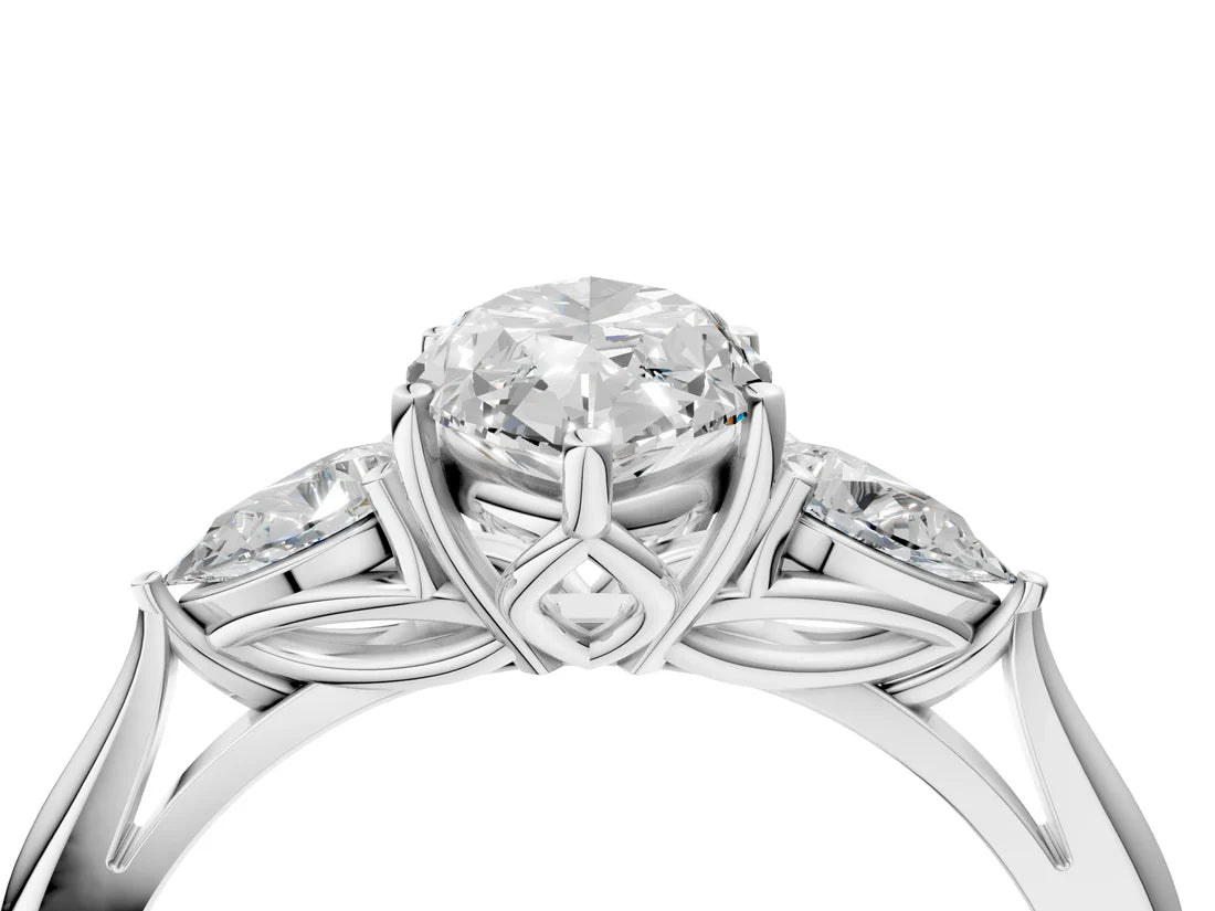 Three-Stone Marquise Cut Lab Diamond Solitaire Ring with Tapered Band and Four-Prong Setting| D VS1