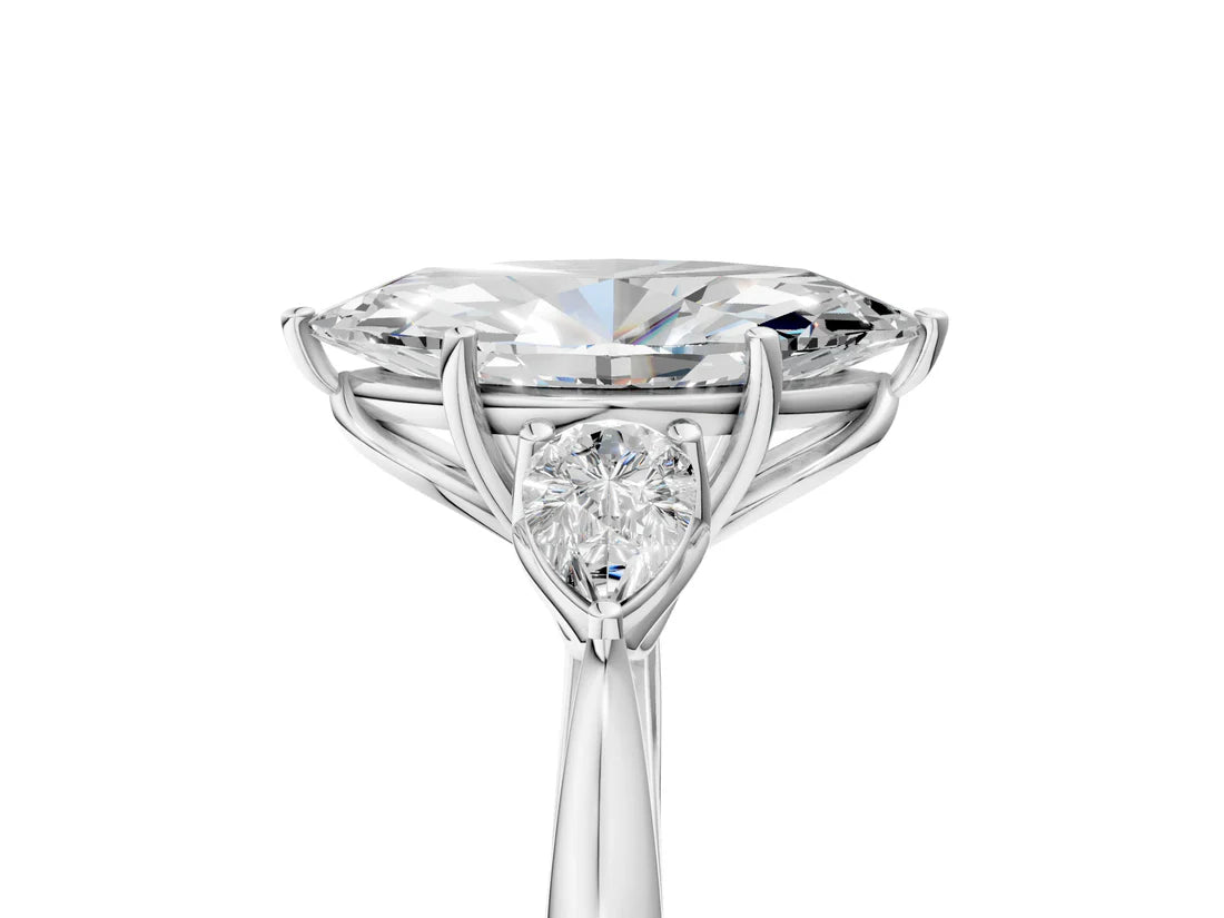 Three-Stone Marquise Cut Lab Diamond Solitaire Ring with Tapered Band and Four-Prong Setting| D VS1