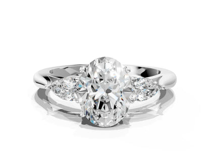 Three-Stone Oval Cut Lab Diamond Solitaire Ring with Tapered Band and Four-Prong Setting| D VS1