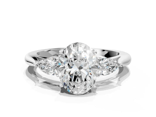 Three-Stone Oval Cut Lab Diamond Solitaire Ring with Tapered Band and Four-Prong Setting| D VS1