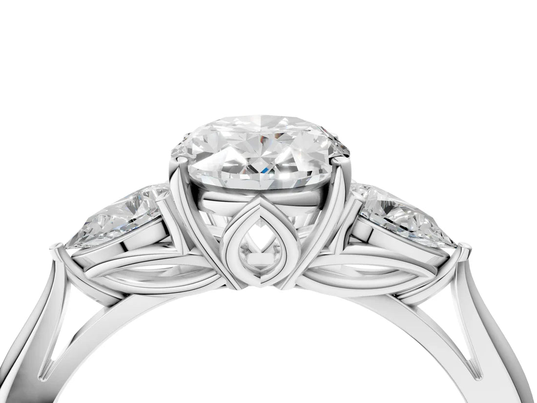 Three-Stone Oval Cut Lab Diamond Solitaire Ring with Tapered Band and Four-Prong Setting| D VS1