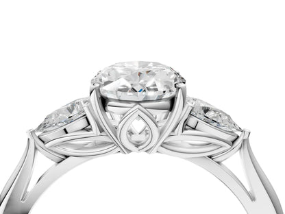 Three-Stone Oval Cut Lab Diamond Solitaire Ring with Tapered Band and Four-Prong Setting| D VS1