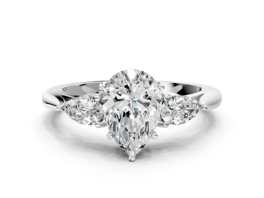 Three-Stone Pear Cut Lab Diamond Solitaire Ring with Tapered Band and Four-Prong Setting| D VS1