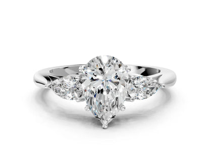 Three-Stone Pear Cut Lab Diamond Solitaire Ring with Tapered Band and Four-Prong Setting| D VS1