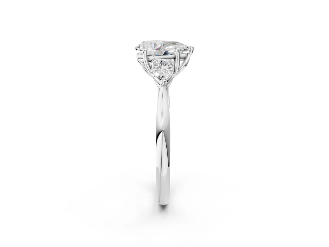 Three-Stone Pear Cut Lab Diamond Solitaire Ring with Tapered Band and Four-Prong Setting| D VS1