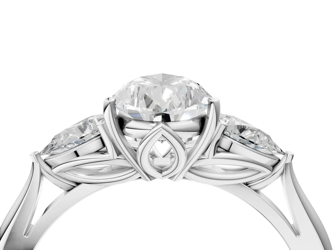 Three-Stone Pear Cut Lab Diamond Solitaire Ring with Tapered Band and Four-Prong Setting| D VS1