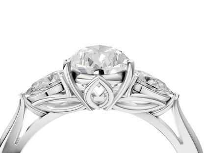 Three-Stone Pear Cut Lab Diamond Solitaire Ring with Tapered Band and Four-Prong Setting| D VS1