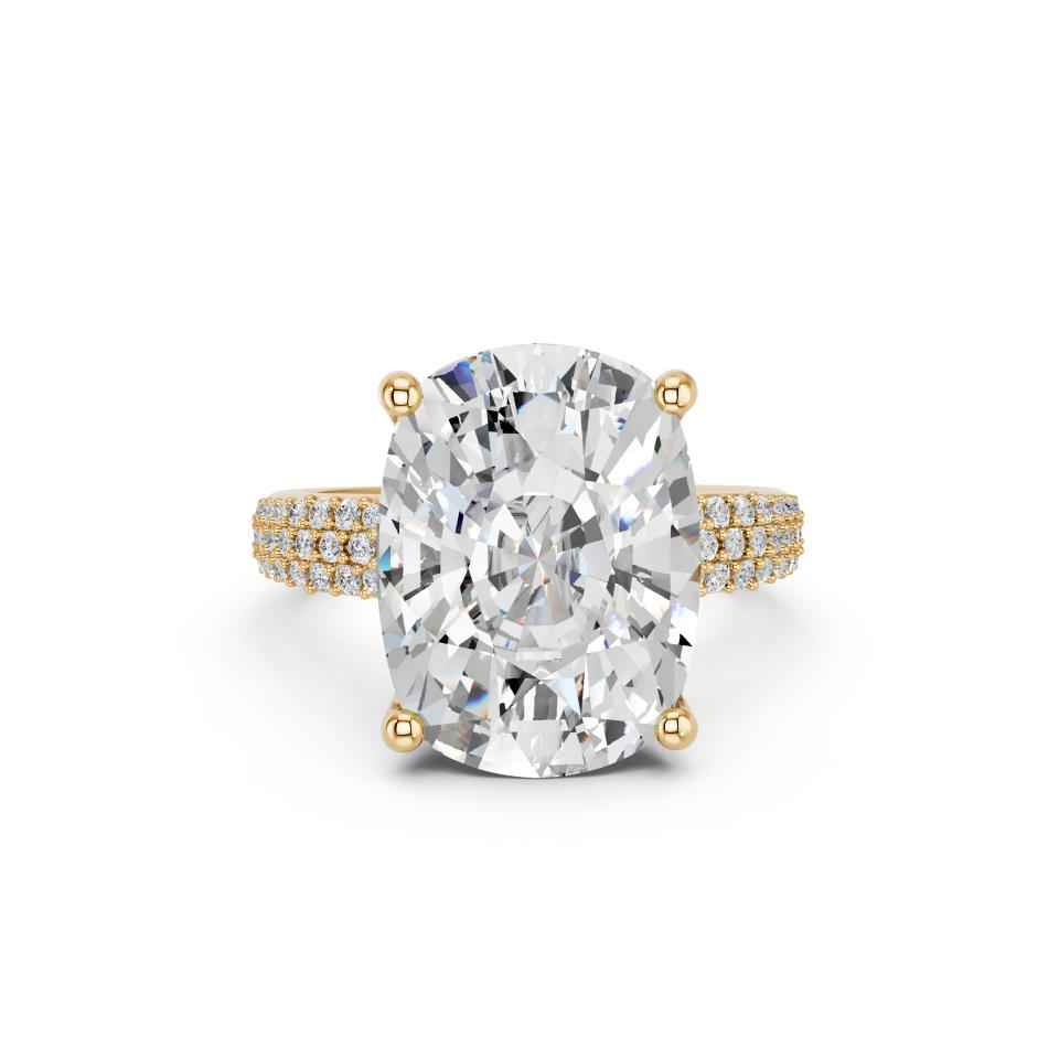 CUSHION RING WITH HIDDEN HALO AND PAVE BAND