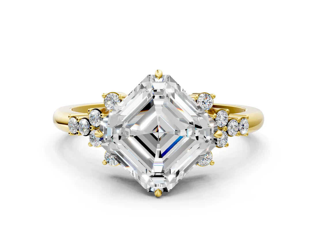 Asscher Cut Lab Diamond Ring with Side Stones and Four-Prong Setting| D VS1