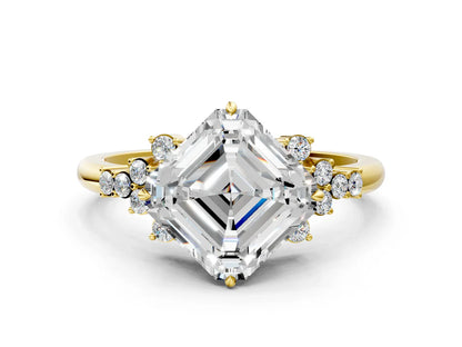Asscher Cut Lab Diamond Ring with Side Stones and Four-Prong Setting| D VS1