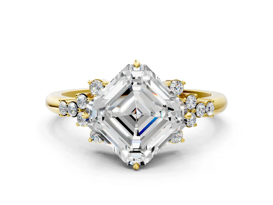 Asscher Cut Lab Diamond Ring with Side Stones and Four-Prong Setting| D VS1