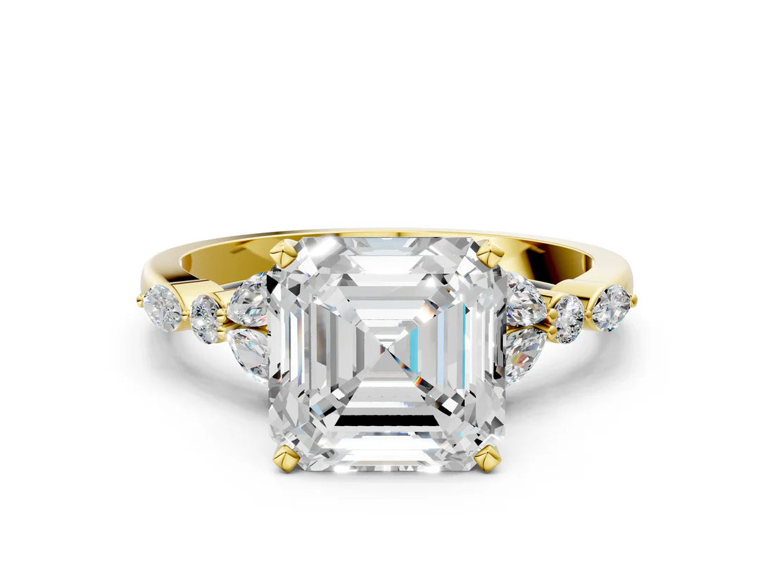 Asscher Cut Lab Diamond Solitaire Ring with Side Stones and Four-Prong Setting| D VS1