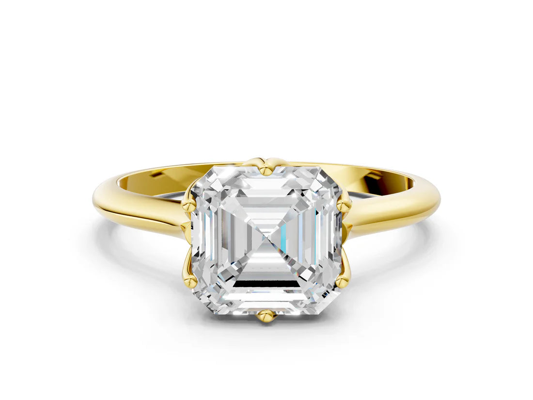 Asscher Cut Lab Diamond Solitaire Ring with Flower Prong Setting and Classic Band| D VS1