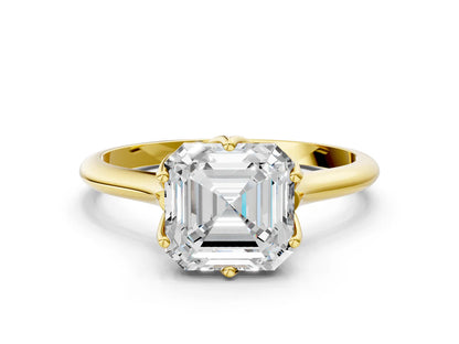 Asscher Cut Lab Diamond Solitaire Ring with Flower Prong Setting and Classic Band| D VS1