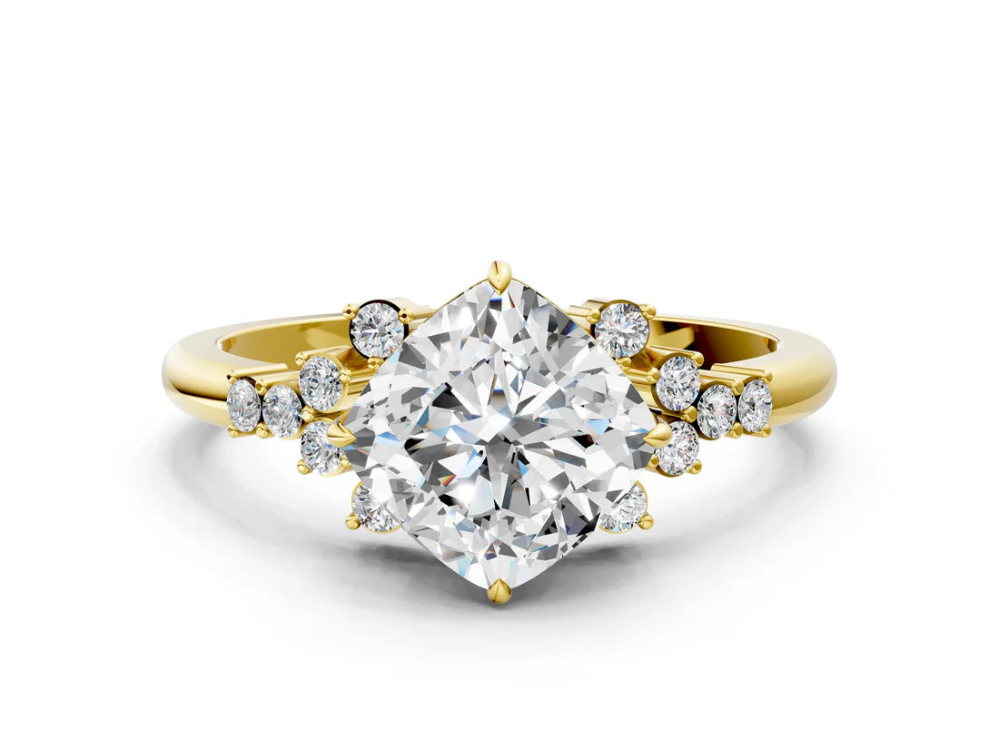 Cushion Cut Lab Diamond Ring with Side Stones and Four-Prong Setting| D VS1