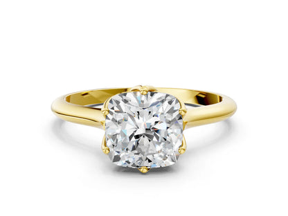 Cushion Cut Lab Diamond Solitaire Ring with Flower Prong Setting and Classic Band| D VS1